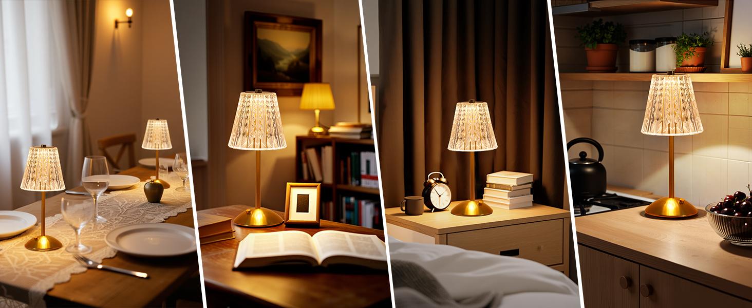 Cordless Touch Table Lamp, 3500mAh LED Rechargeable Small Dask Lamp, 3 Colors Dimmable Battery Operated Crysta Lamp for Bedroom Restaurant Kitchen Home Decor, Gold