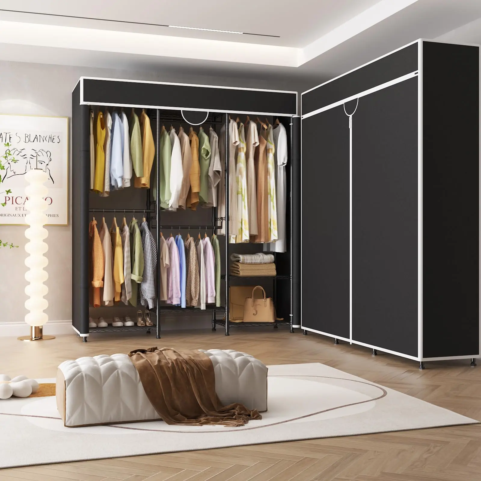 Heavy‑Duty Freestanding Garment Rack With Dust‑Proof Cover, Adjustable Carbon‑Steel Portable Wardrobe Organizer, 1100 Lbs Max Load‑Bearing Capacity, Free‑Standing Storage Closet for Hanging Clothes