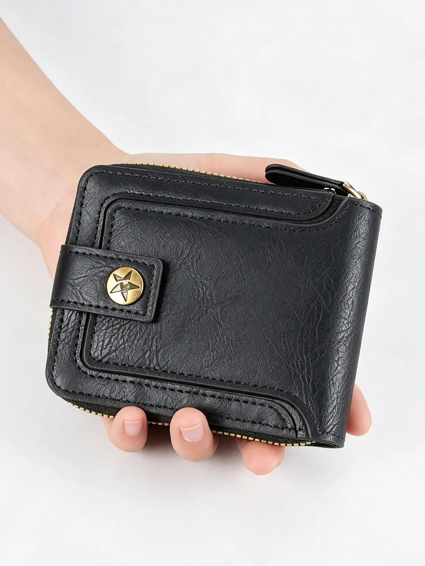1 Pack Men Vintage PU Leather Bifold Wallet, Zipper Coin Purse with Star Snap Button, Multi Card Slots Short Wallet for Daily Business Travel