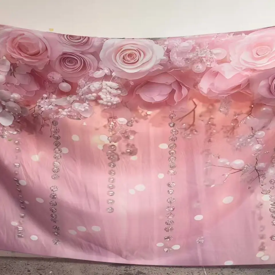 Pink hanging flower wall photography backdrop, Party background decoration, Floral backdrop, Polyester fabric backdrop, suitable for photo booths, parties, as well as indoor and outdoor home birthday party decoration, home decoration
