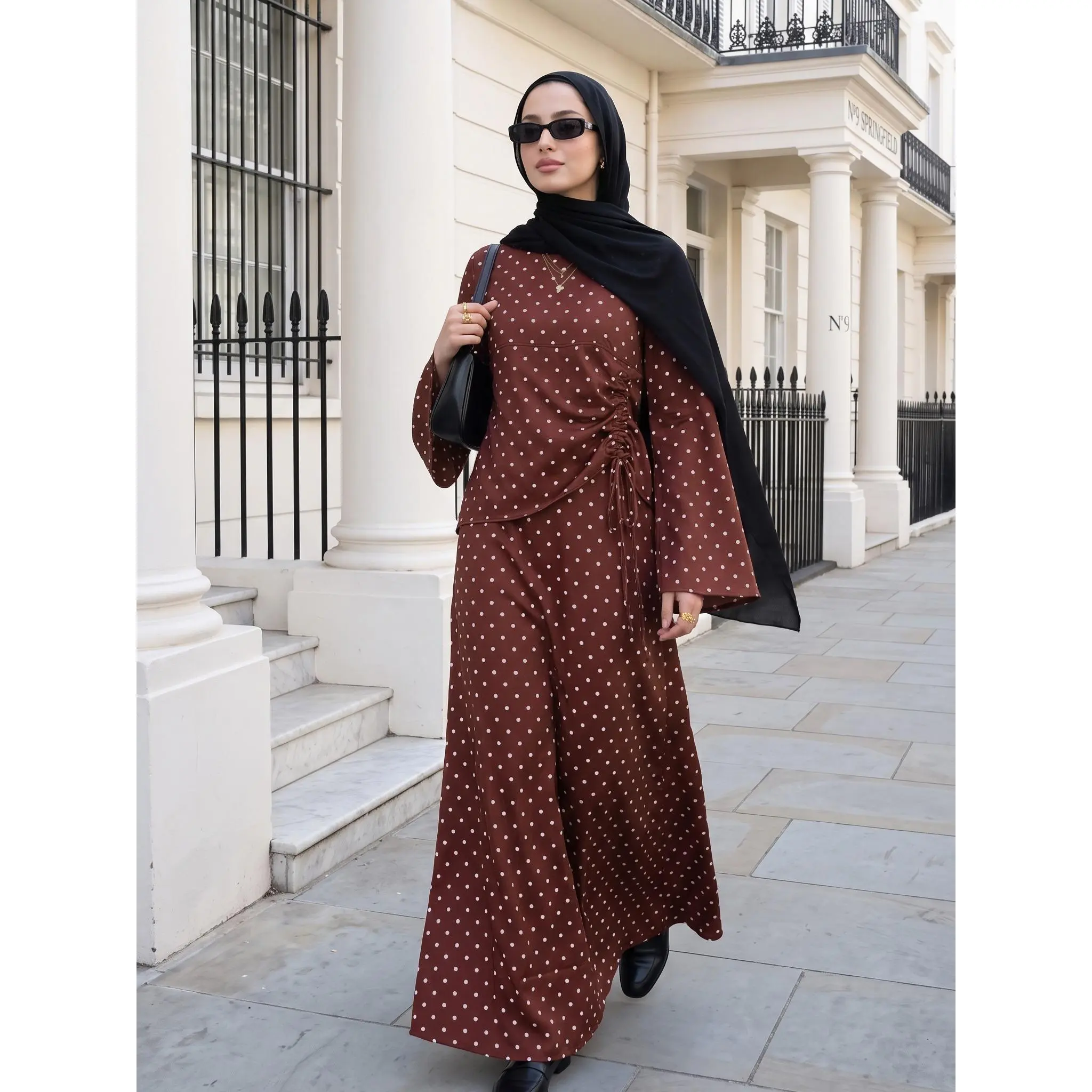 CL83-1 Women Polka Dot Satin Modest Maxi Dress, Side Drawstring Ruched Flare Long Sleeve Abaya Dress, Elegant Slim Fit Islamic Floor Length Gown for Eid Ramadan Wedding Guest Daily Casual Occasion Wear