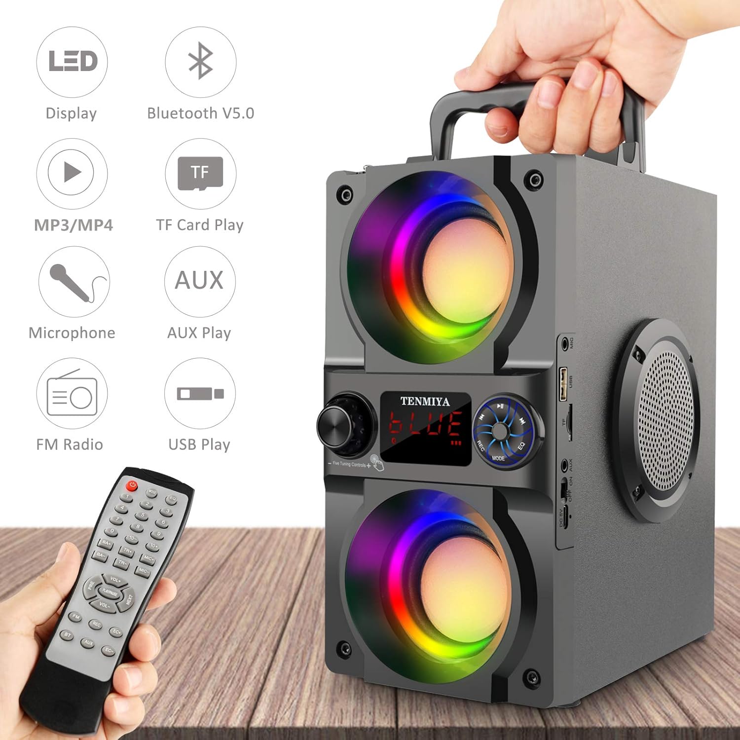 Bluetooth Speaker, 40W (60W Peak) Portable Wireless Speaker with Colorful Lights, Double Subwoofer Heavy Bass, FM Radio, MP3 Player, Bluetooth 5.0, Loud Stereo Speakers for Home Outdoor Party Camping for Gifts