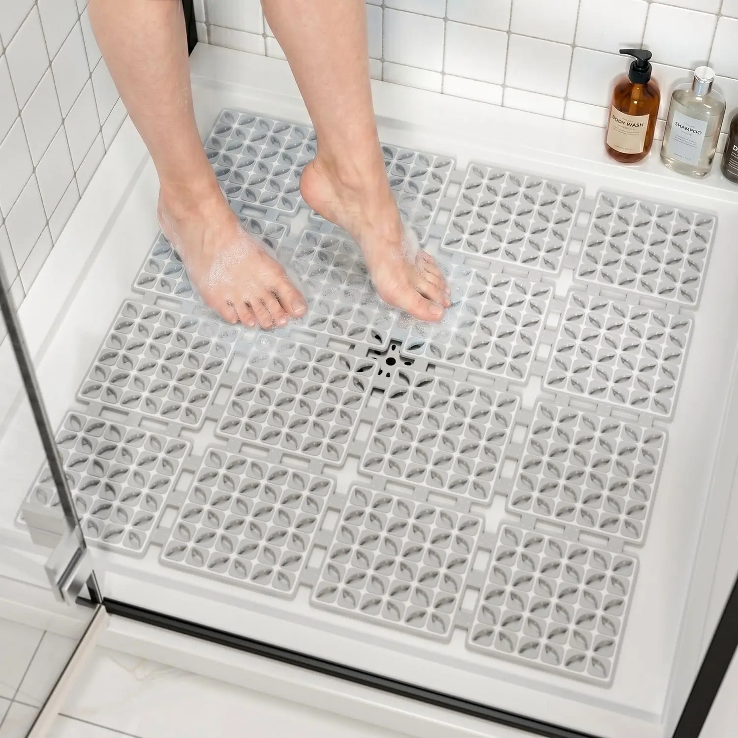Shower Mat Anti Slip, 24x24 Inch Cut to Fit No Odor Soft TPE Shower Stall Mat, Square Bath Mat with Suction Cups and Drain Holes, Soft on Feet, Grey
