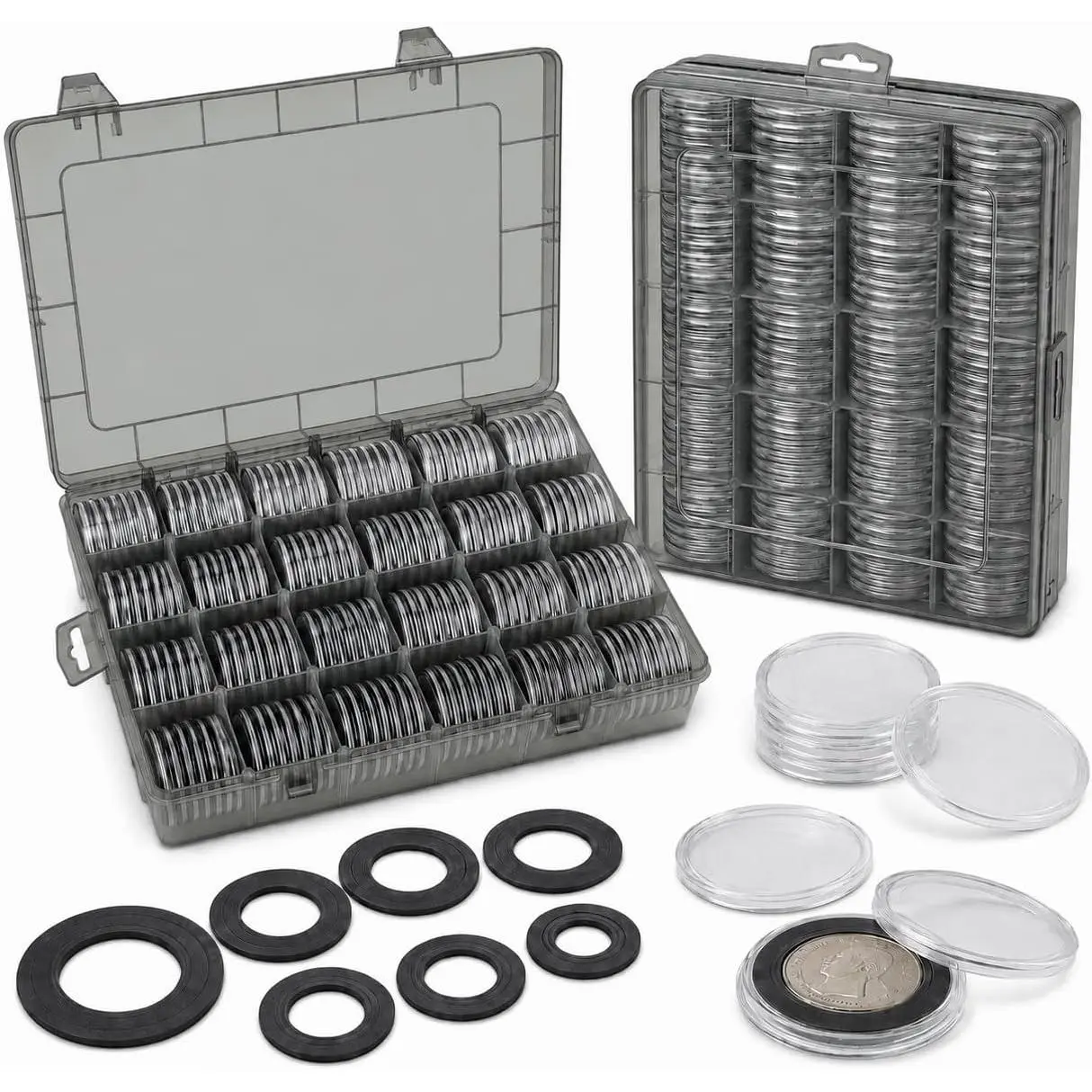 Capsules for Collectors, 168- Storage Case,Fits 20-46mm | 6-Size  Gaskets,for  Dollars &Foreign ,Airtight  Storage Box,Organizer Collecting Supplies Grey