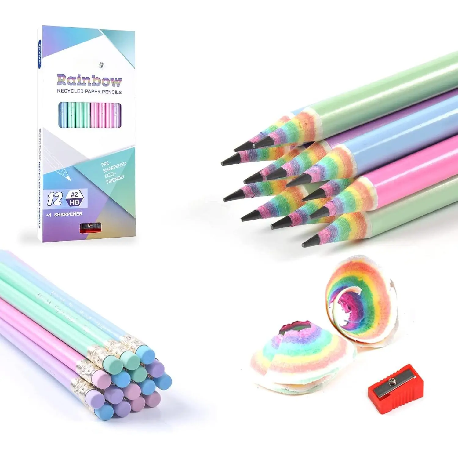 Pre-Sharpened Pencils #2 Cute Number 2 Pencils with Erasers for  Eco Rainbow Paper Pencil for School, Writing, 12 Count