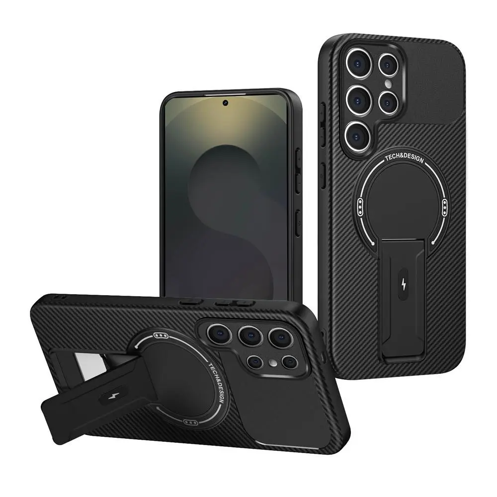 Magnetic Armor Carbon Fiber Pattern Fold Stand Phone Case For Samsung S25 Edge S24 Ultra FE A16 A15 A06 A05 5G For Magsafe Cover