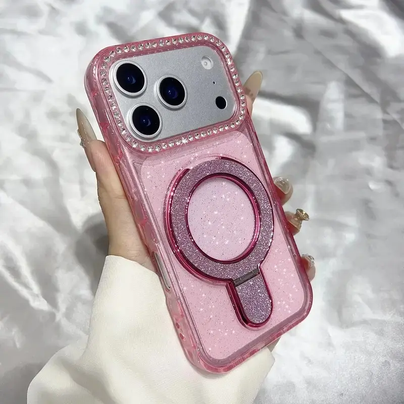 Shiny Bling Glitter Diamond Transparent Case For iPhone 17Air 17 16 15 14 13 12 Pro Max Plus Fold Stand Bracket Phone Cover