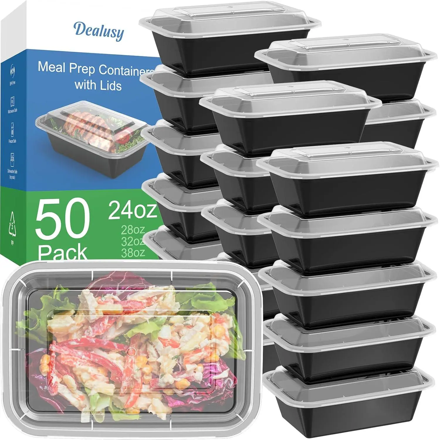 Dealusy 24oz Reusable Food Storage Containers with Lids for Prepared Foods, Heavy Duty, Leakproof, Safe, Microwave, Freezer, and Dishwasher Safe, 50 Pack (100 Pieces) |   Sturdy Leakproof & Food Safe, Microwave, Freezer, Dishwasher Safe Prep Containers, T