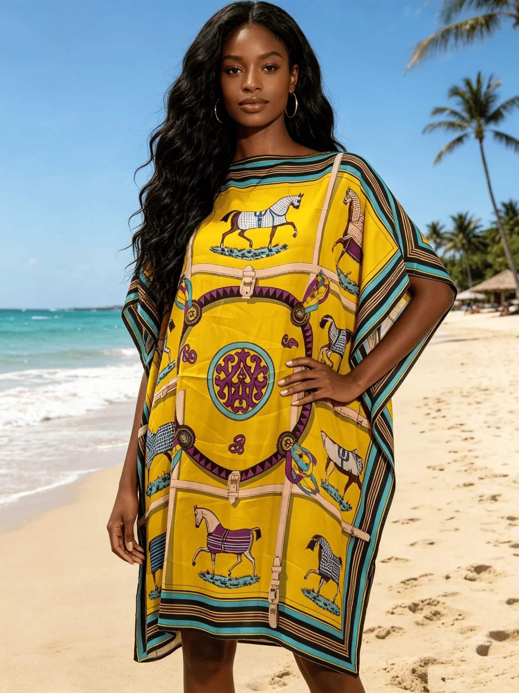 Women's Bright Yellow Equestrian Horse Print Short Kaftan Cover Up, Silky Satin Loose Batwing Beach Tunic, Plus Size Swim Cover Dress for Resort Pool Vacation