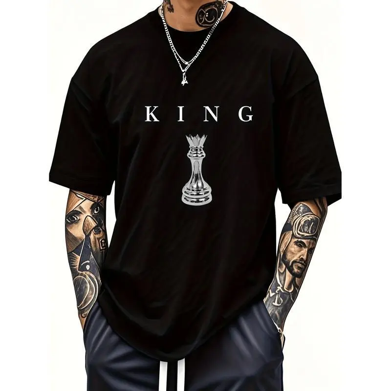 Unisex King Chess Piece Graphic T-Shirt, Casual Short Sleeve Round Neck Top in a Soft CVC Cotton Blend for Outdoors, Tshirt, Sports, Shortsleeve