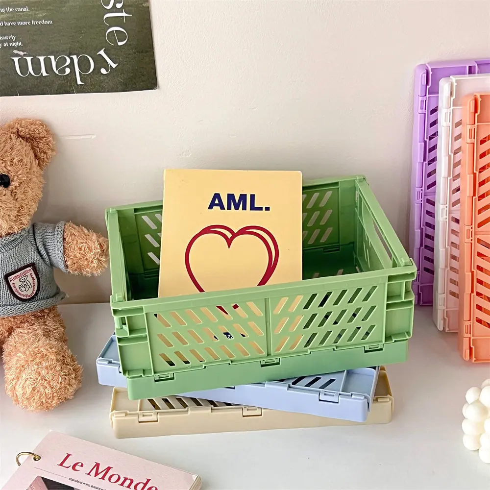 Mini Foldable Plastic Storage Box, Student Desktop Organizer, Hand Account Tape Stationery Basket, Folding Baskets for Office Supplies