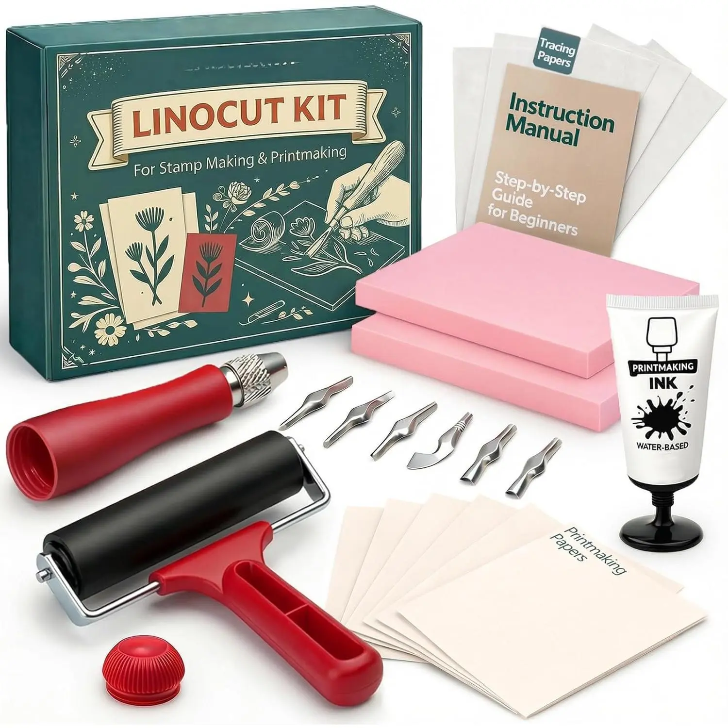 Linocut Kit for Printmaking &  Making: Linocut Tools Block Printing Kit Supplies with Linoleum Blocks, Ink, Brayer, Guide for Beginners - DIY Hobby & Christmas Birthday  for Adults &