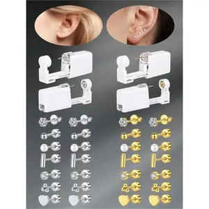 4 Pcs/Set Funky Stainless Steel Cubic Zirconia Heart Faux Pearl Flat Back Earrings With Ear Piercing Gun Self Ear Piercing  At Home Self Ear Piercing Gun Kit Body Piercings Set, For Daily Decoration Body Jewelry