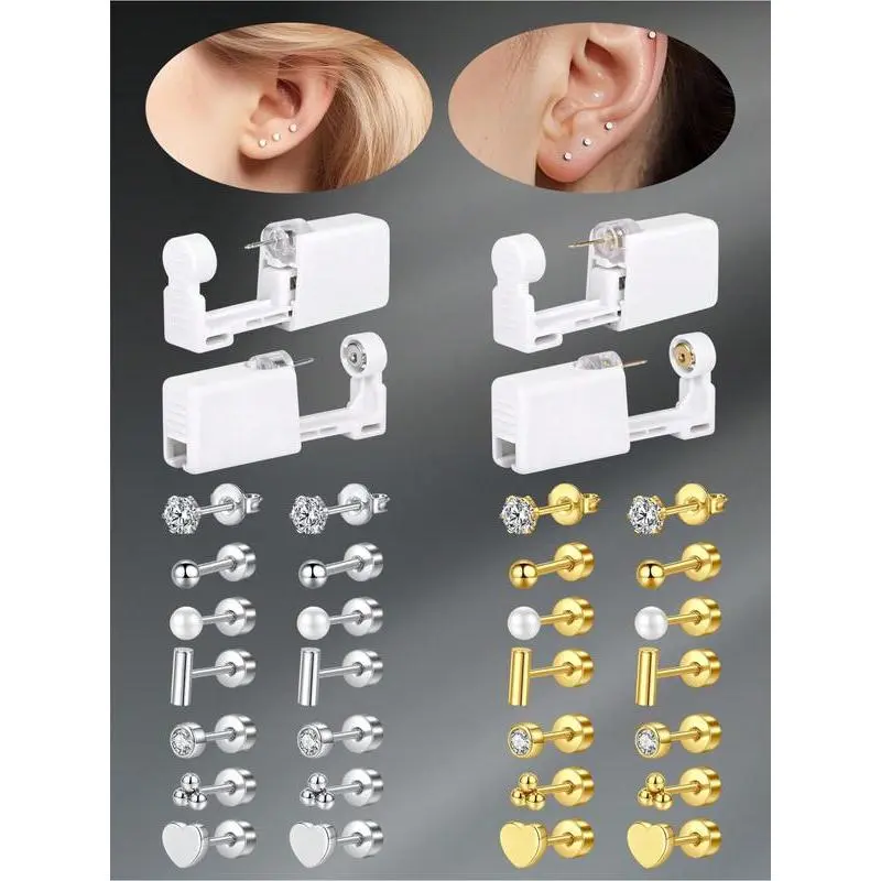 4 Pcs/Set Stainless Steel Cubic Zirconia Heart Faux Pearl Flat Back Stud Earrings, Disposable Self Wear Ear Stud Tool Kit, Daily Wear Decorative Ear Jewelry for Women