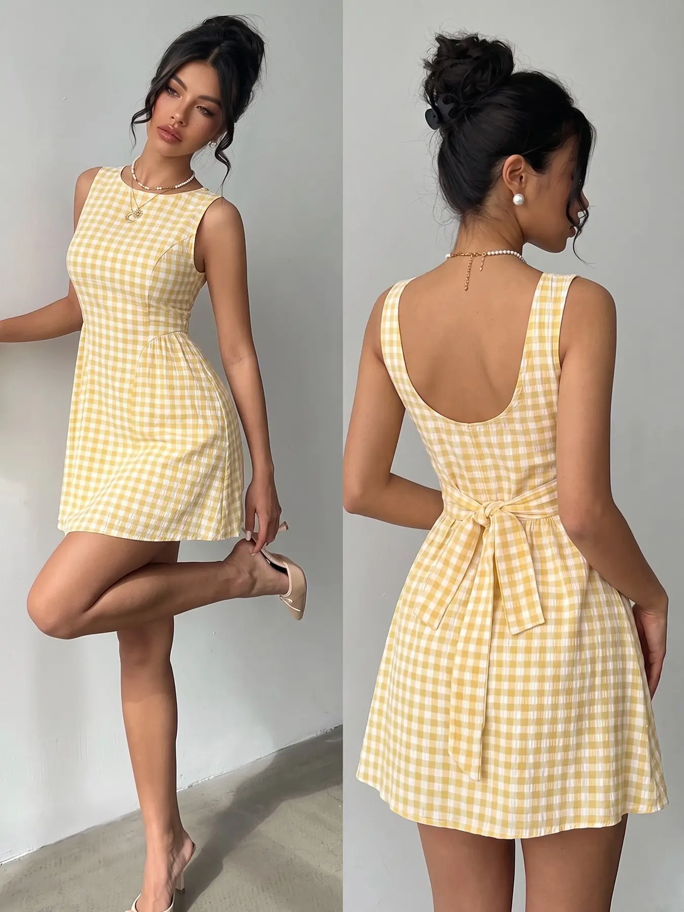 Women Yellow White Gingham Sleeveless U Back Tie Waist A Line Mini Dress, Summer Vichy Plaid Backless Vacation Sundress, Casual Picnic Round Neck Flowy Skater Mini Dress, Belted Mini Dress