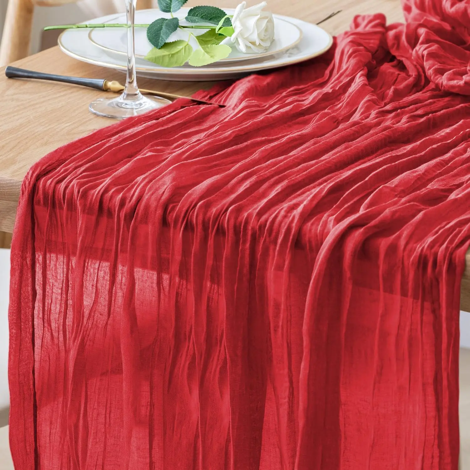Table Runner Cheesecloth 10FT Red Boho Gauze Cheese Cloth Rustic Sheer Table Runners for Wedding Birthday Bridal Baby Shower Party Decoration