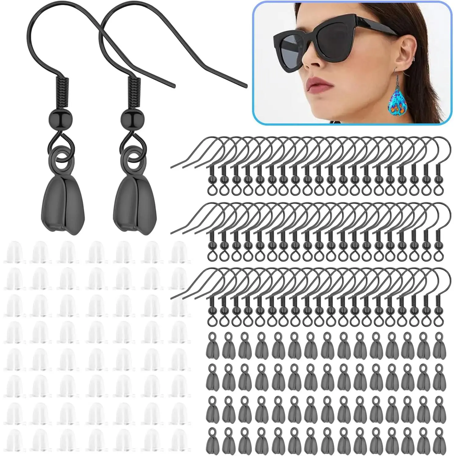 180 count Earring Making Kit - Stainless Steel  Earring Hooks Wire Ear Ball Hooks with Pendant Clasp for DIY  Crafts (Black)