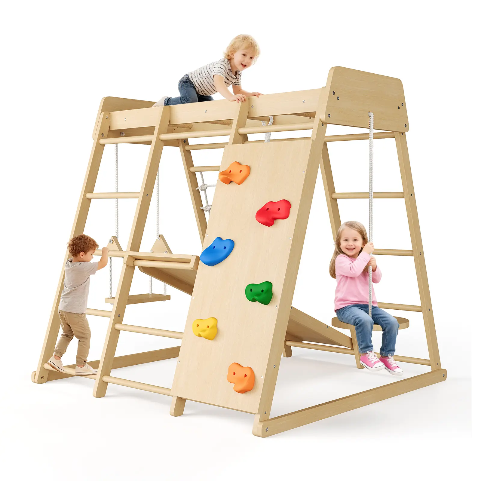 8-in-1 Wooden Indoor Playground Jungle Gym for Kids – Multi-Activity Climbing Set with Slide, Swing, Monkey Bars, Net, Rock Wall & Rings – Sturdy Fitness Toy – Ideal Gift for Boys & Girls