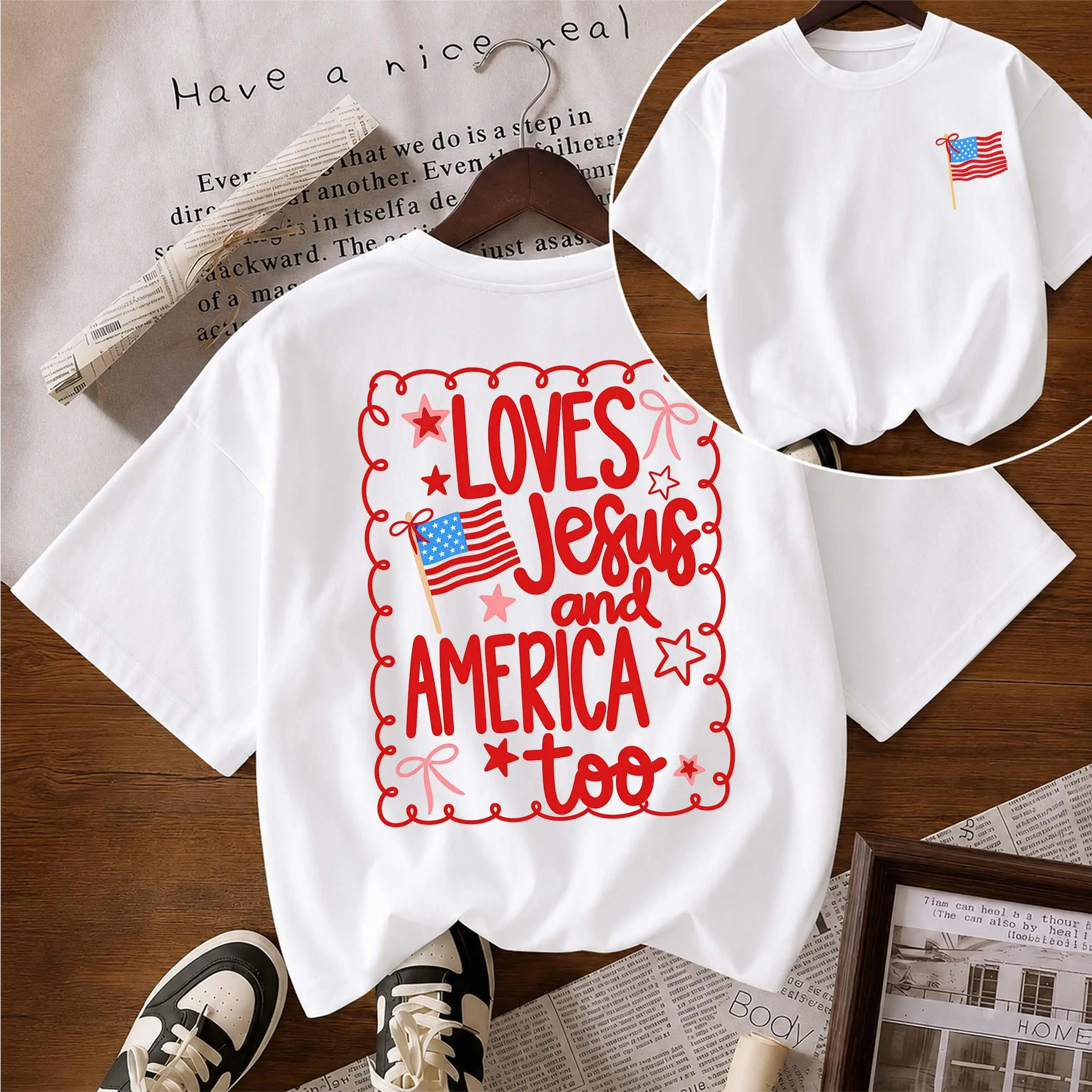 Women's Pure Cotton Short-Sleeve T-Shirt ("Loves Jesus and America Too) — A Unisex Casual Staple, Particularly Ideal For Spring And Summer Wear. Featuring A Cool Graphic Design And A Classic Crew-Neck Cut, It Is Suitable For All Four Seasons.