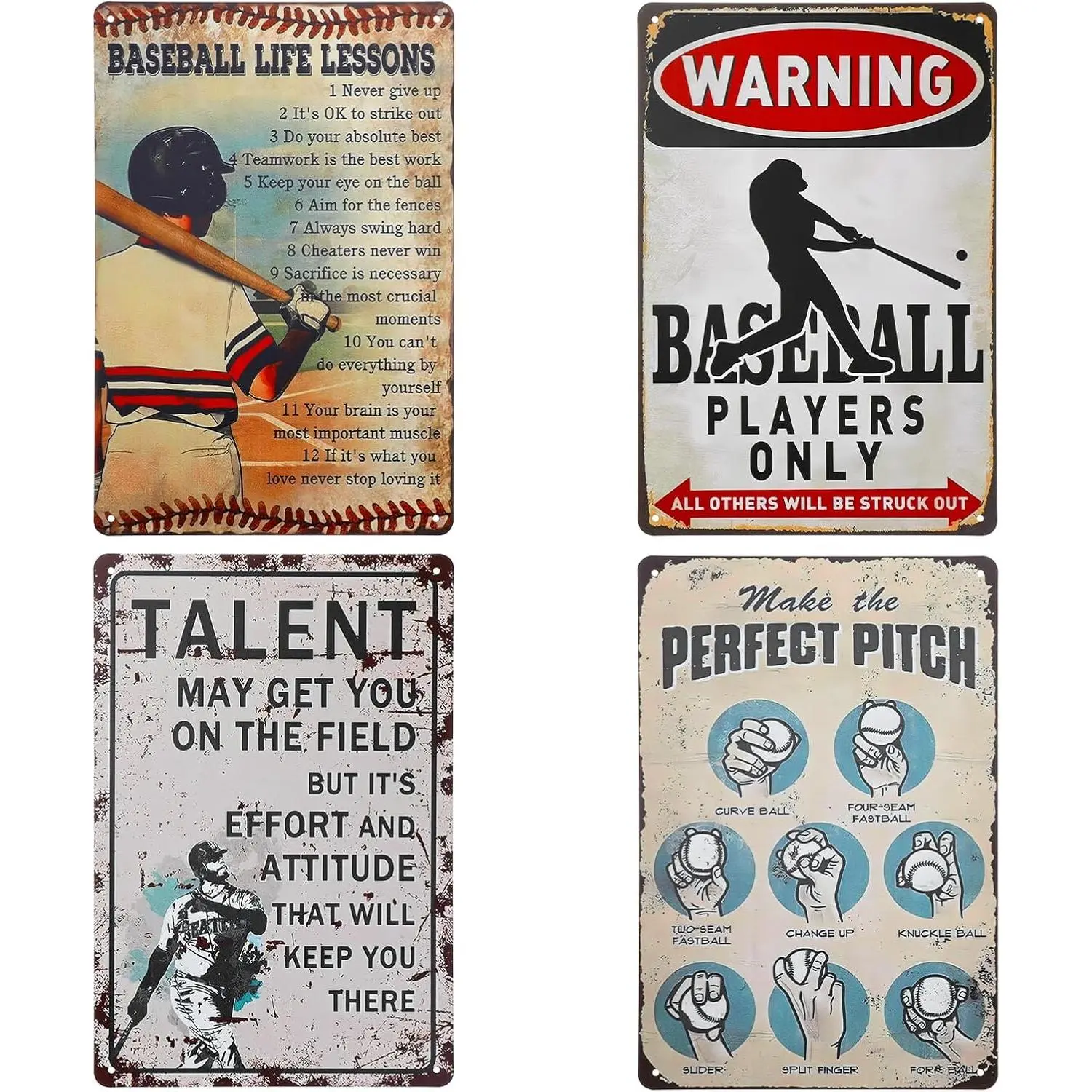 PercyEffie 4 Pcs Vintage Baseball Metal Tin Signs - 8x12 in Home Decor Plaques for Baseball Fans, Bedroom Gift, Indoors/Outdoors Use