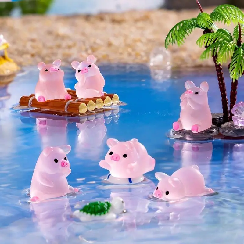 6-Piece Glow-In-Dark Tiny Pig Resin Figurine Set, Lightweight Decorative Mini Luminous Animal Statue with Fresh Summer Tone, Bag Charm for Luggage & Bags, Portable Gift for Desktop Home Decor
