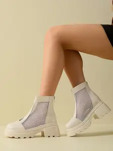 Summer Mesh Hollow Out Thick Sole Boots for Women, Breathable Short Boots with Back Zipper and Heel Lift
