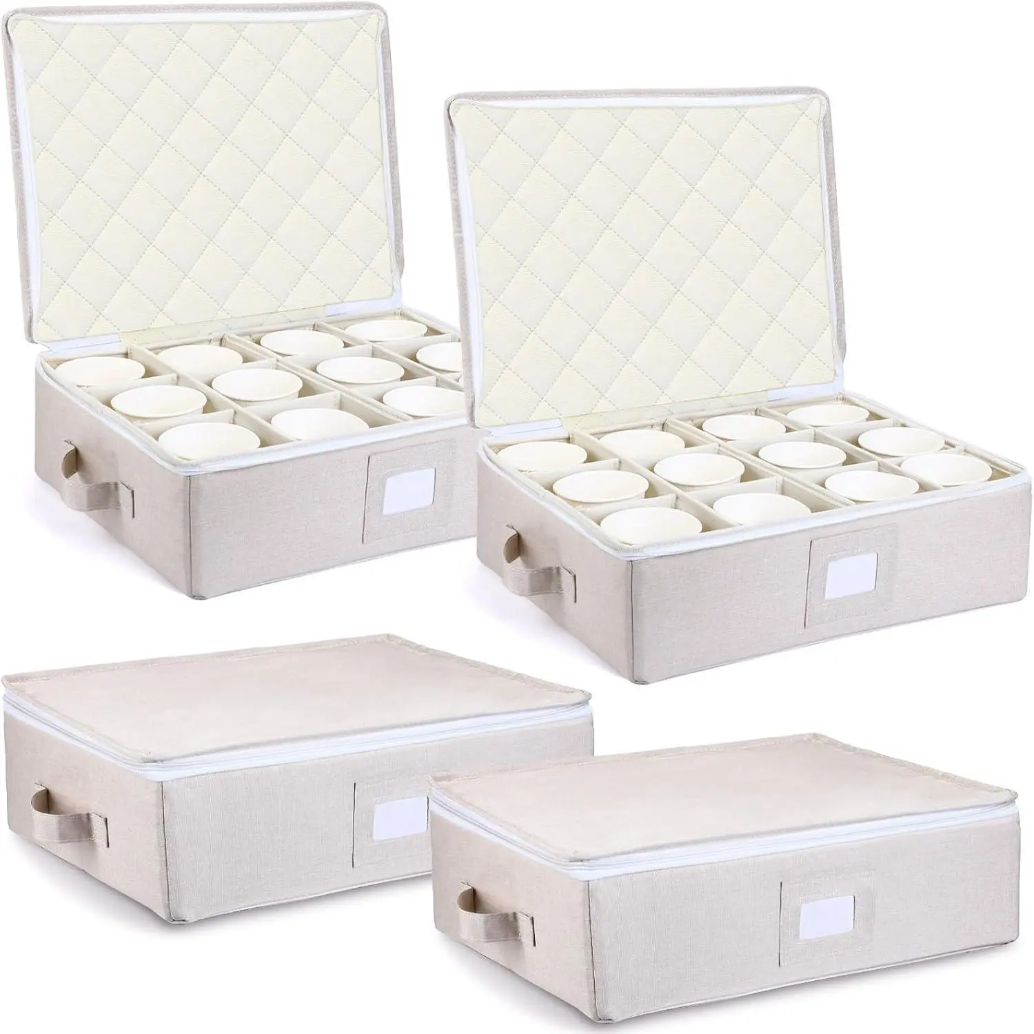 4 Pcs Stackable Cup & Mug Storage Box with Dividers, Lidded Storage Container with Zipper Handle & Insert Label Cards, Holds 12 Coffee Mugs Tea Cups Wine Glasses, Yellow