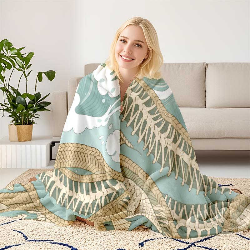 Japanese Great Wave Skeleton Fish Blanket: Ukiyo-E Inspired Ocean Art Throw With Coastal Vibes, Ultra Soft Plush Fleece Blanket Printed In USA For Nautical Decor Lovers