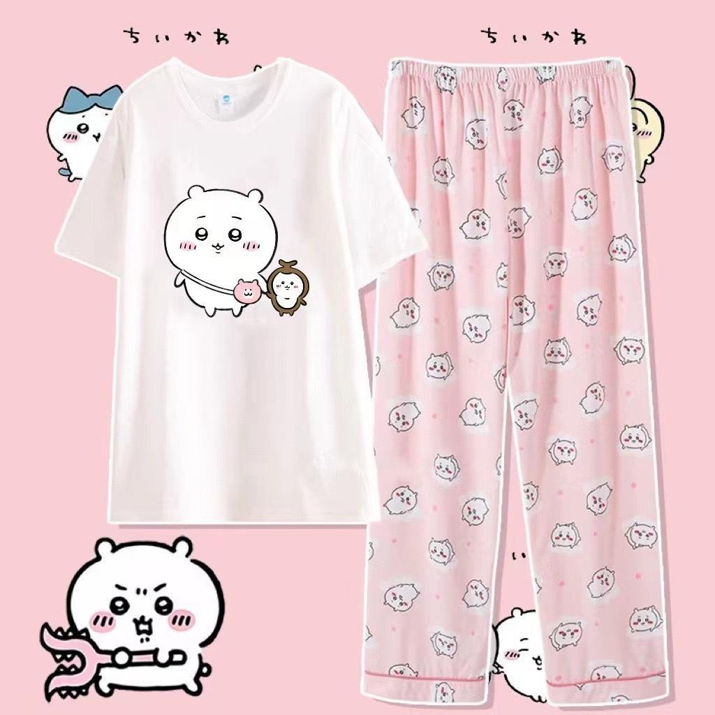 Anime Usag Hachiware Summer thin pajamas round neck Loose long-sleeved shirt and pants Cute cartoon pattern household clothes