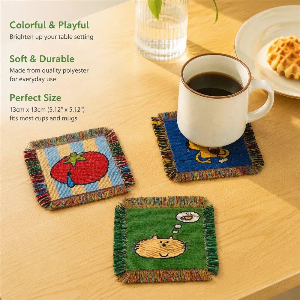Novelty Woven Coasters Set with Tassels, 3 Styles Funny Cartoon Patterns, Square Heat-Resistant Table Mats for Coffee Tea Beer Mugs, Perfect Gift for Pet Lovers