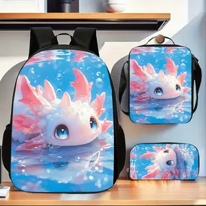This stylish three-piece backpack set featuring a Mexican axolotl motif includes a large-capacity backpack, lunch bag, and pencil case, making it an ideal backpack set for students commuting or traveling.
