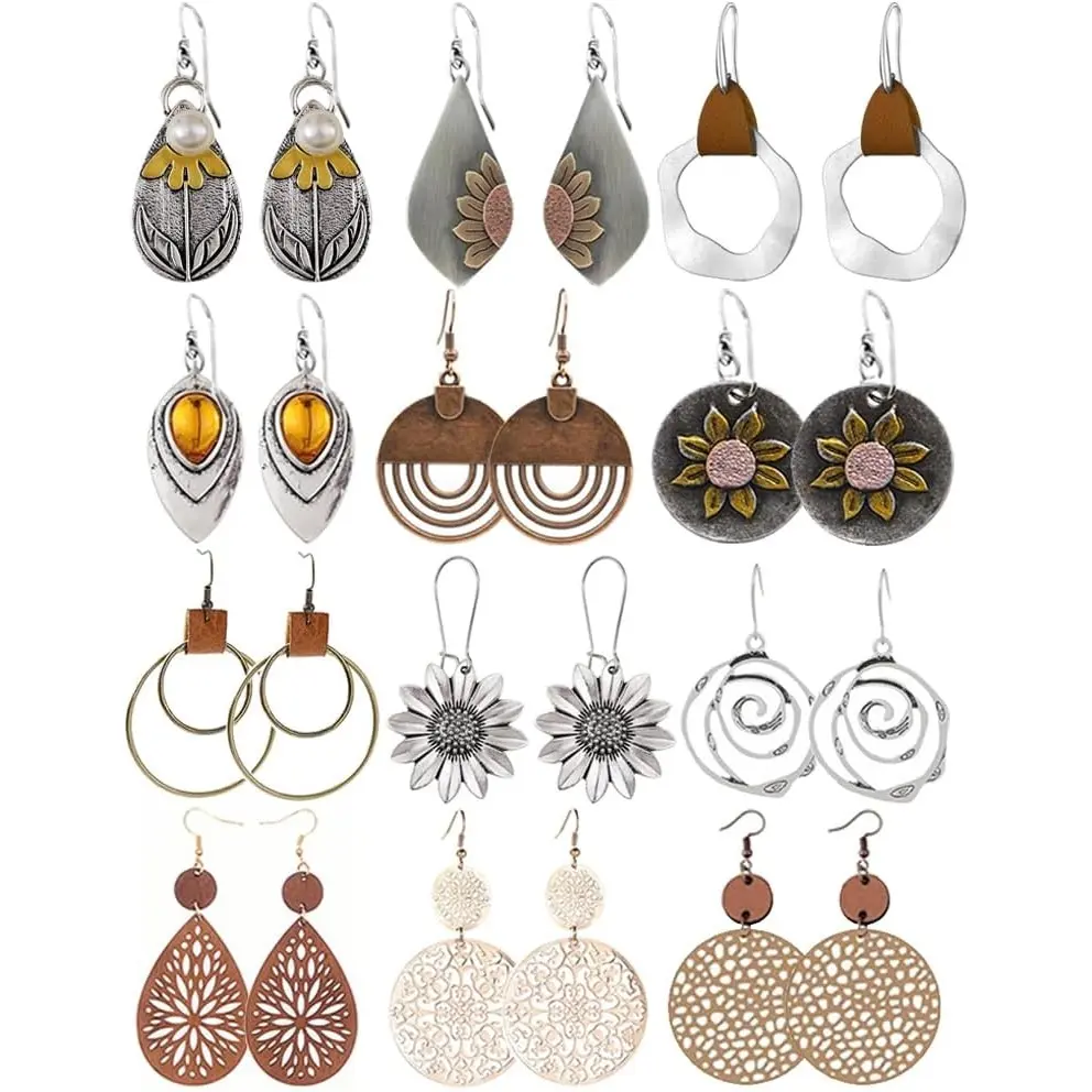 12 Pairs Boho Vintage Bohemian Round Earrings for Women - Wooden & Ethnic Geometric & Sunflower Studs, Non-Metal Suitable for Daily Wear, Christmas Gifts, Year-Round, Wood & Boho Style Earrings