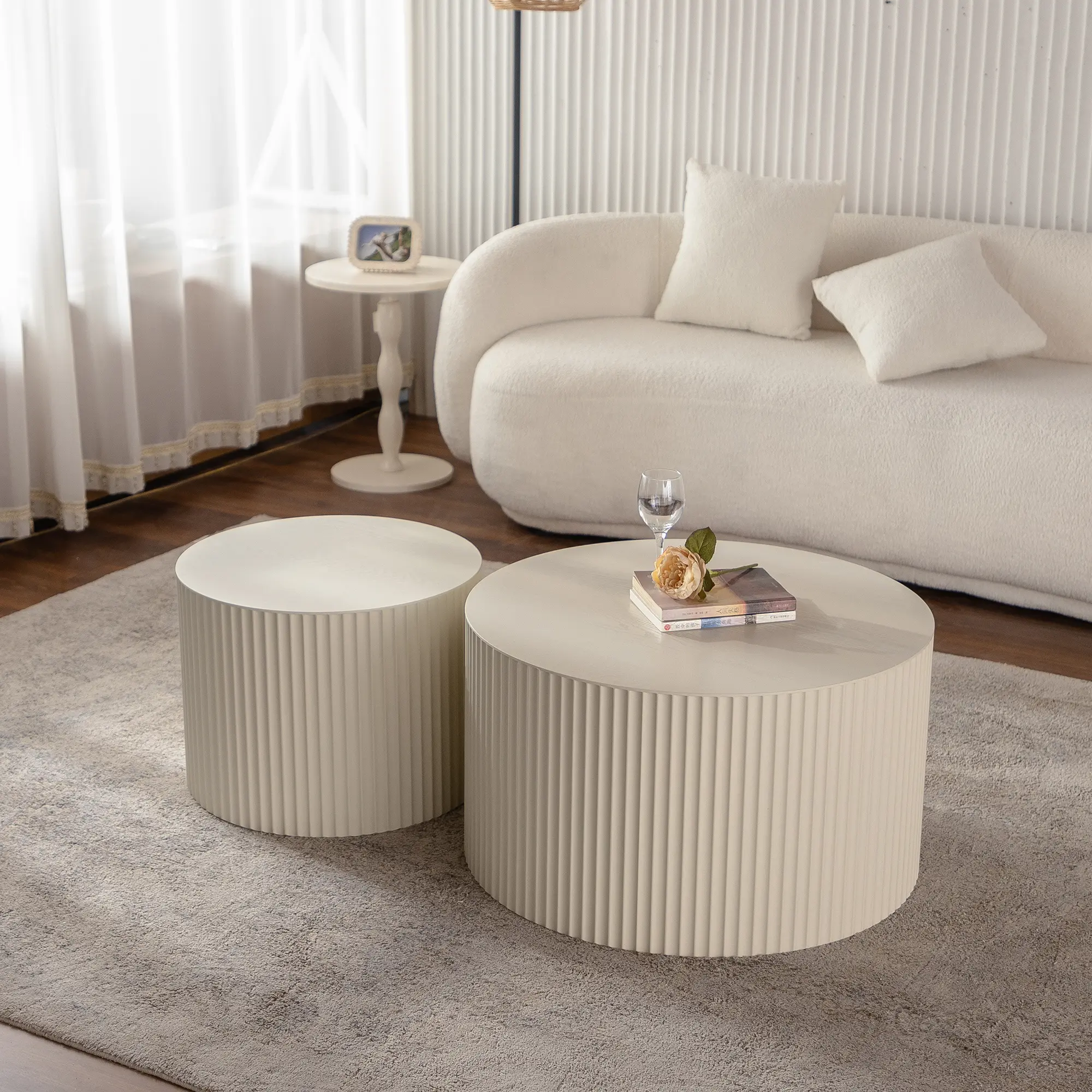 Nokaa Beige Nesting Coffee Table Set of 2 Modern Drum Side End Tables Wave Stripe Round Living Room Accent Tables for Small Spaces, Multiple Decor Styles, Living Room Table for Sofa Side, Bedroom, Office, Apartment and Home Decor