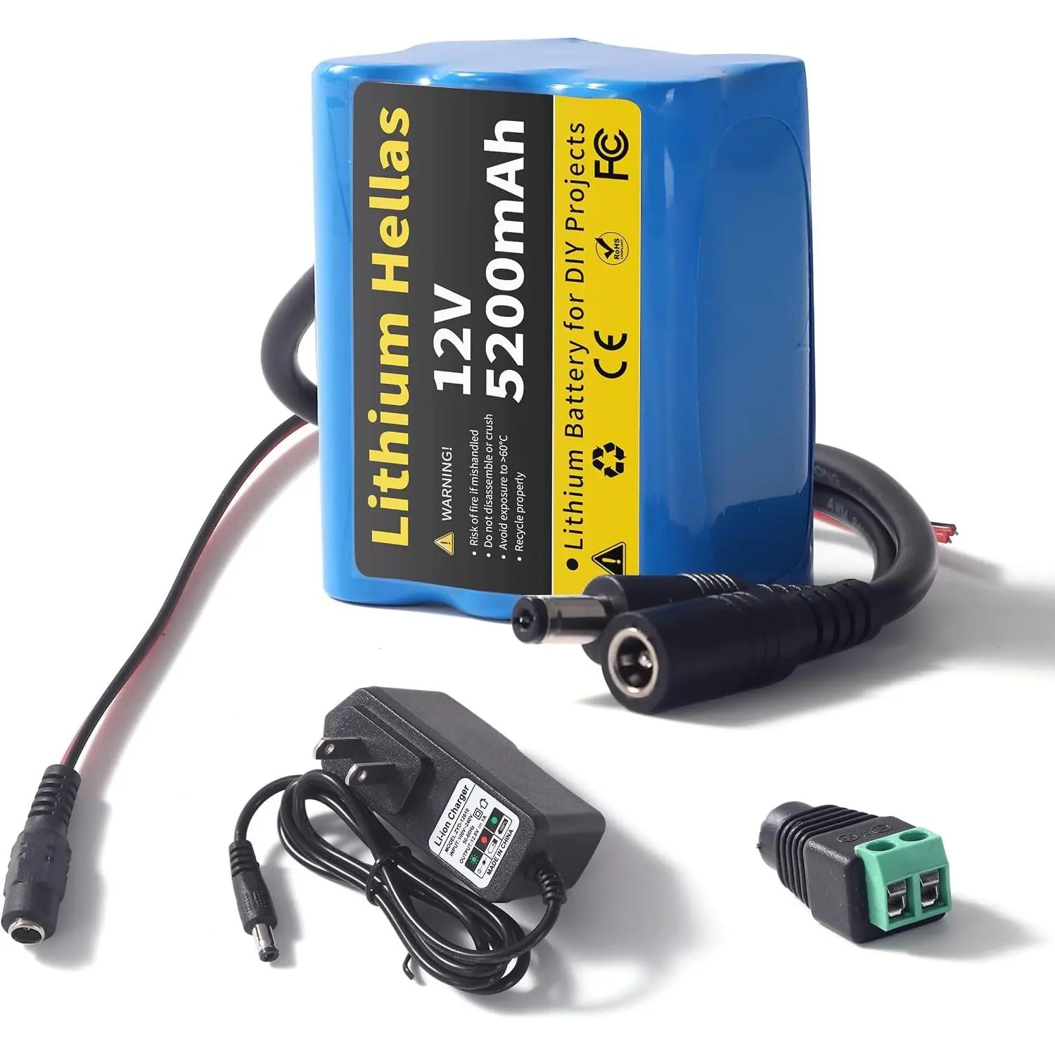 1 Pack 12V 5200mAh Rechargeable Lithium Battery with 12.6V 1A Charger for DIY Projects