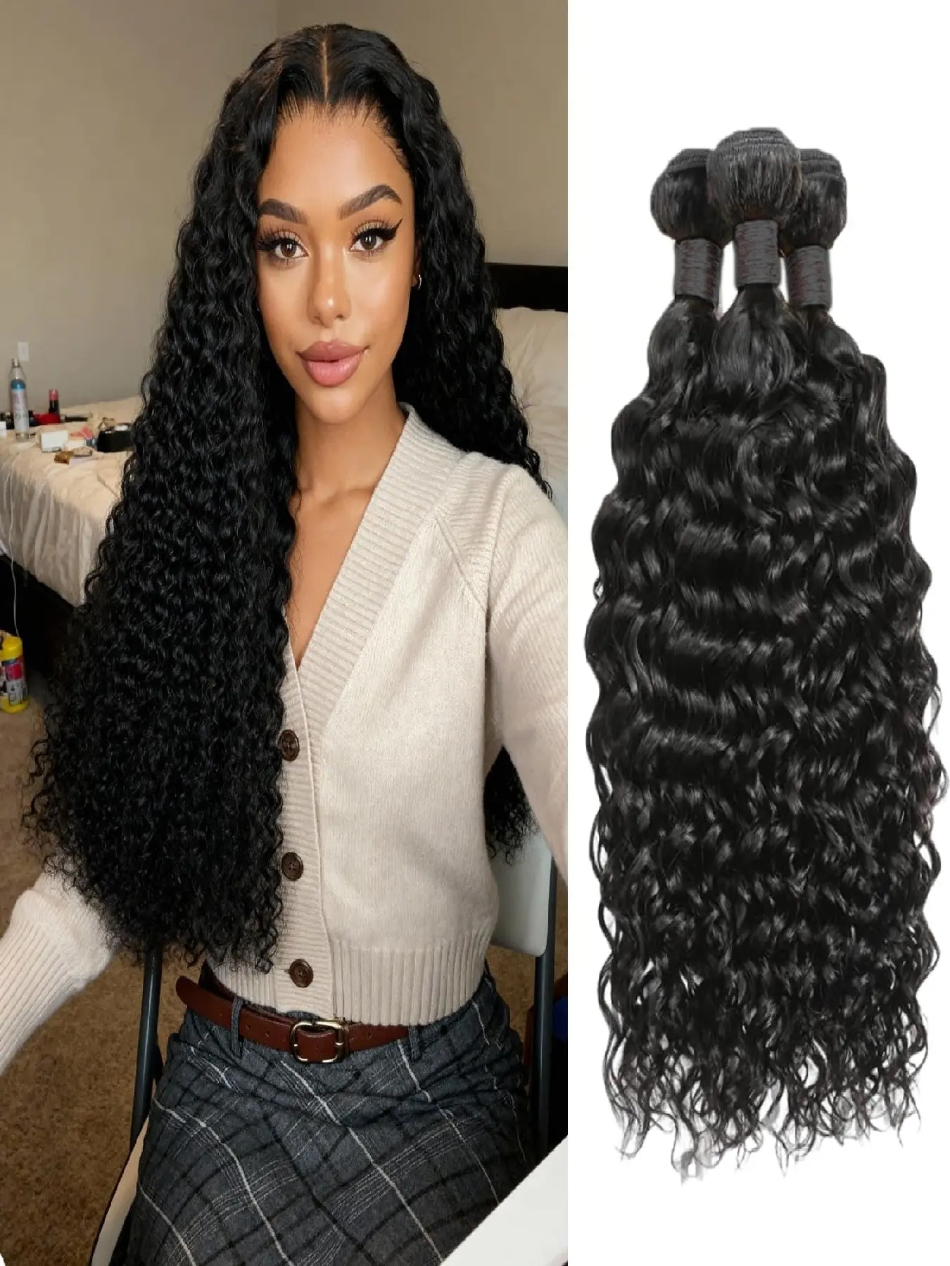 bundles Human Hair Bundles Water Wave Human Hair Bundles Unprocessed Brazilian Raw Hair 12A  3 Bundles Wet and Wave Hair Extensions Natural Black Color