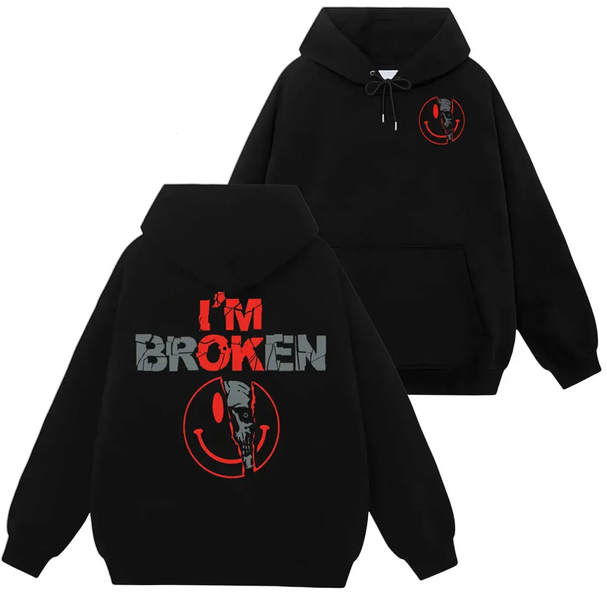 Men's 2-Sided Broken Heart & Horror Smile Face Graphic Hoodie - Baggy Oversized Cotton-Poly Loose Long Sleeve Pullover, Goth Streetwear Menswear Tops for Daily Casual Wear