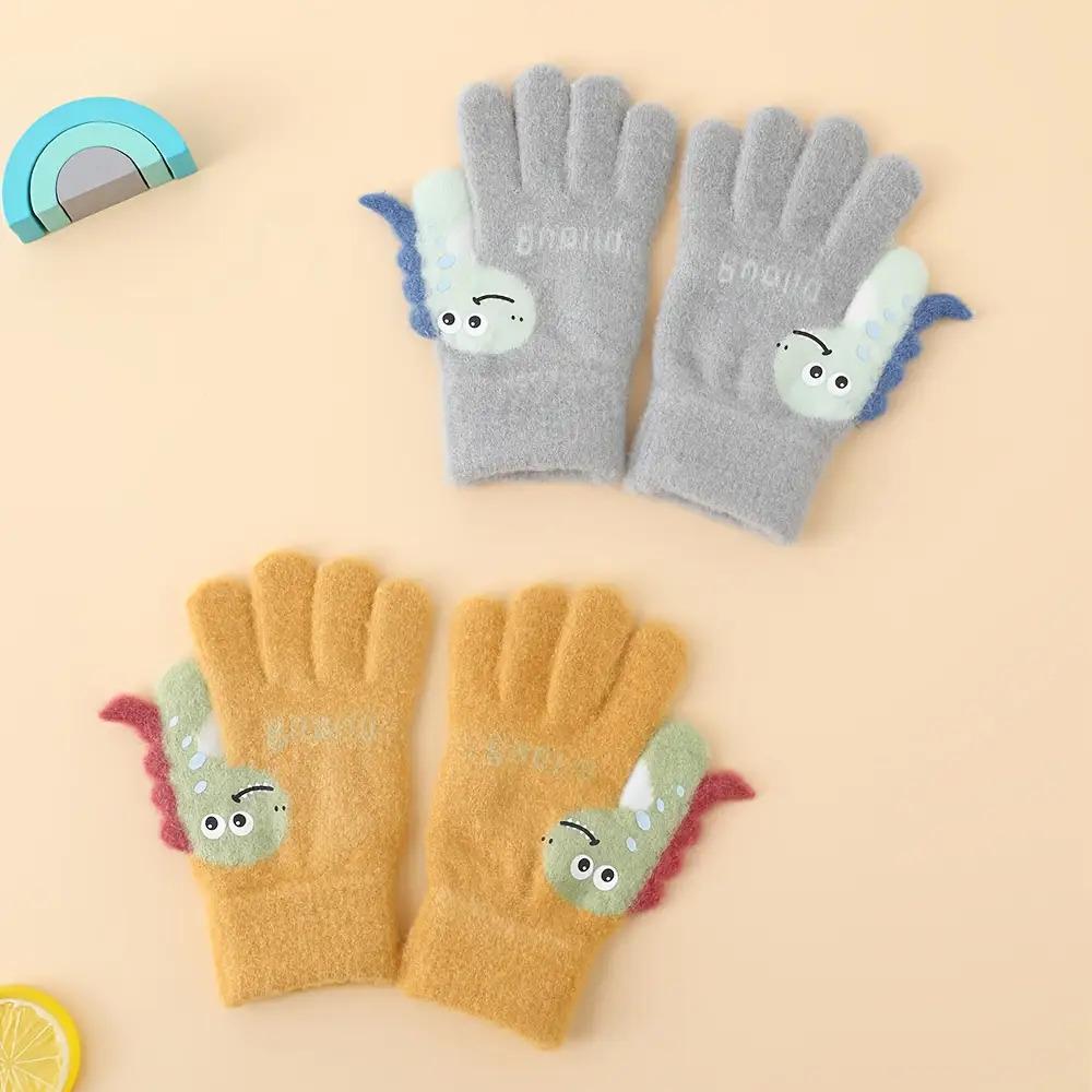 1 Pair of Youngsters's Gloves, Autumn and Winter Warm Plush Five-Finger Cute Cartoon Dinosaur Knitted Mittens for Boys & Girls, 3-7 Years Old
