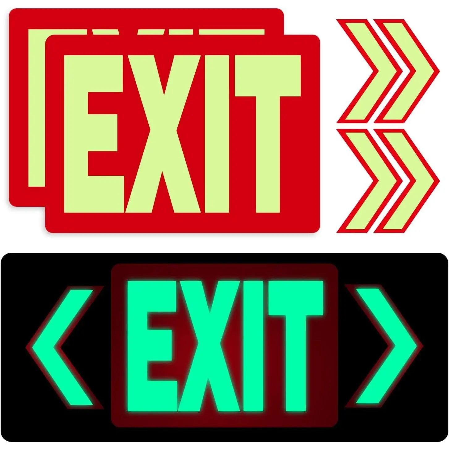 EXIT Sign Glow in the Dark Emergency Exit Sign, 2 Pack | 10"x7" Vinyl Stickers With 4 Directional Arrows Photoluminescent Signs, Visible Up To 8 Hours for Business, Office, School