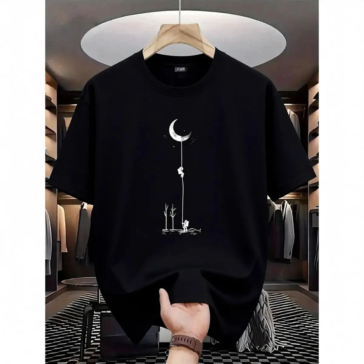 Men's Cotton Moon Landing Graphic Streetwear T-Shirt - Comfy, Stretchy, Shortsleeve, Fashion Round Neck Top for Summer Outdoor Activities (Black, Burgundy, Dark Green, Blue, Grey), Tshirt, Basic