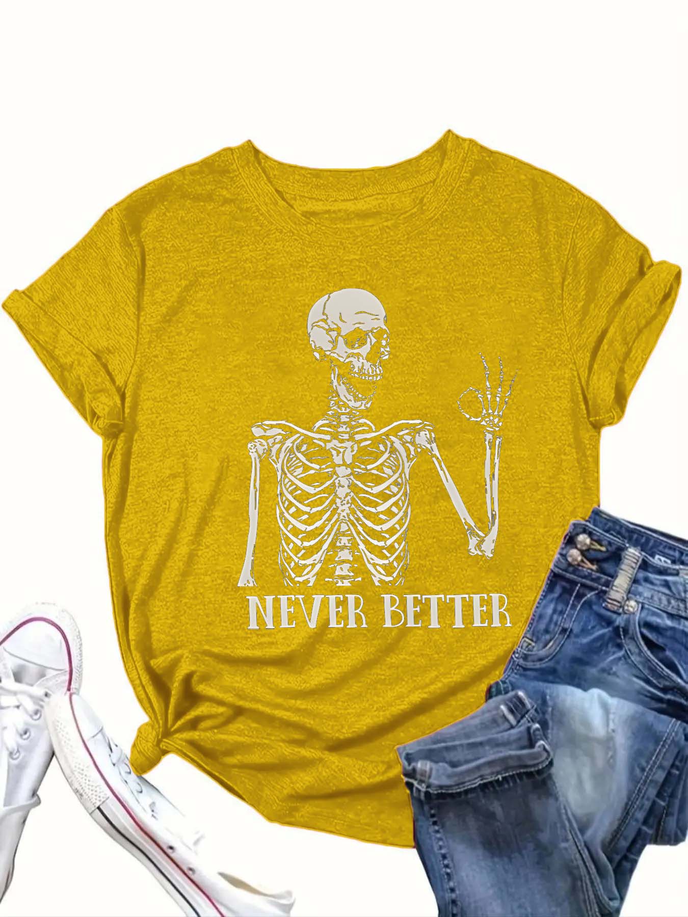 【Plus Size】 Letter & Skull Print Round Neck Tee, Casual Short Sleeve Crew Neck T-Shirt for Daily Wear, Women's Clothing for All Seasons, Halloween