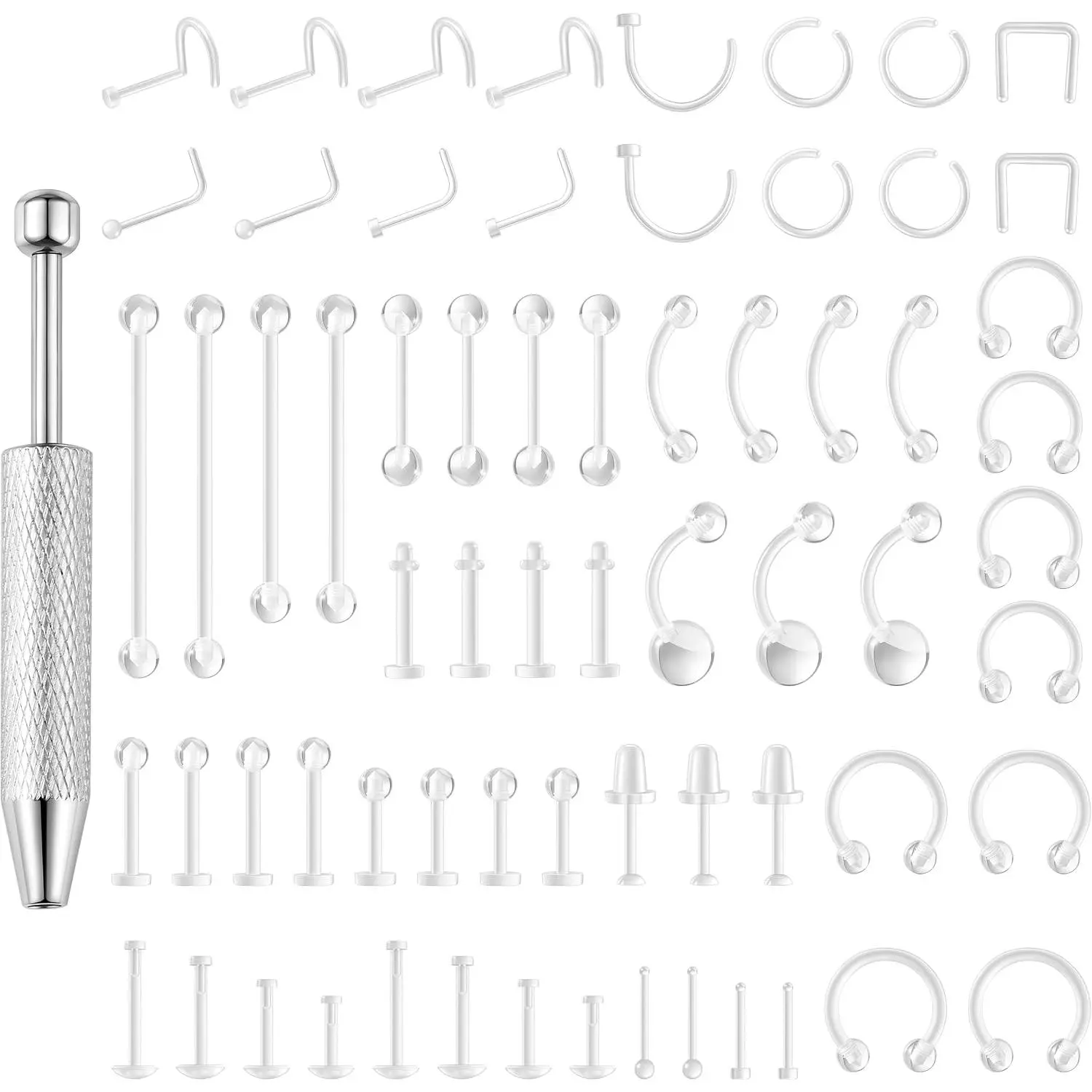 66-76 Pcs Clear Bioflex Multi Piercing Retainers Body Jewelry