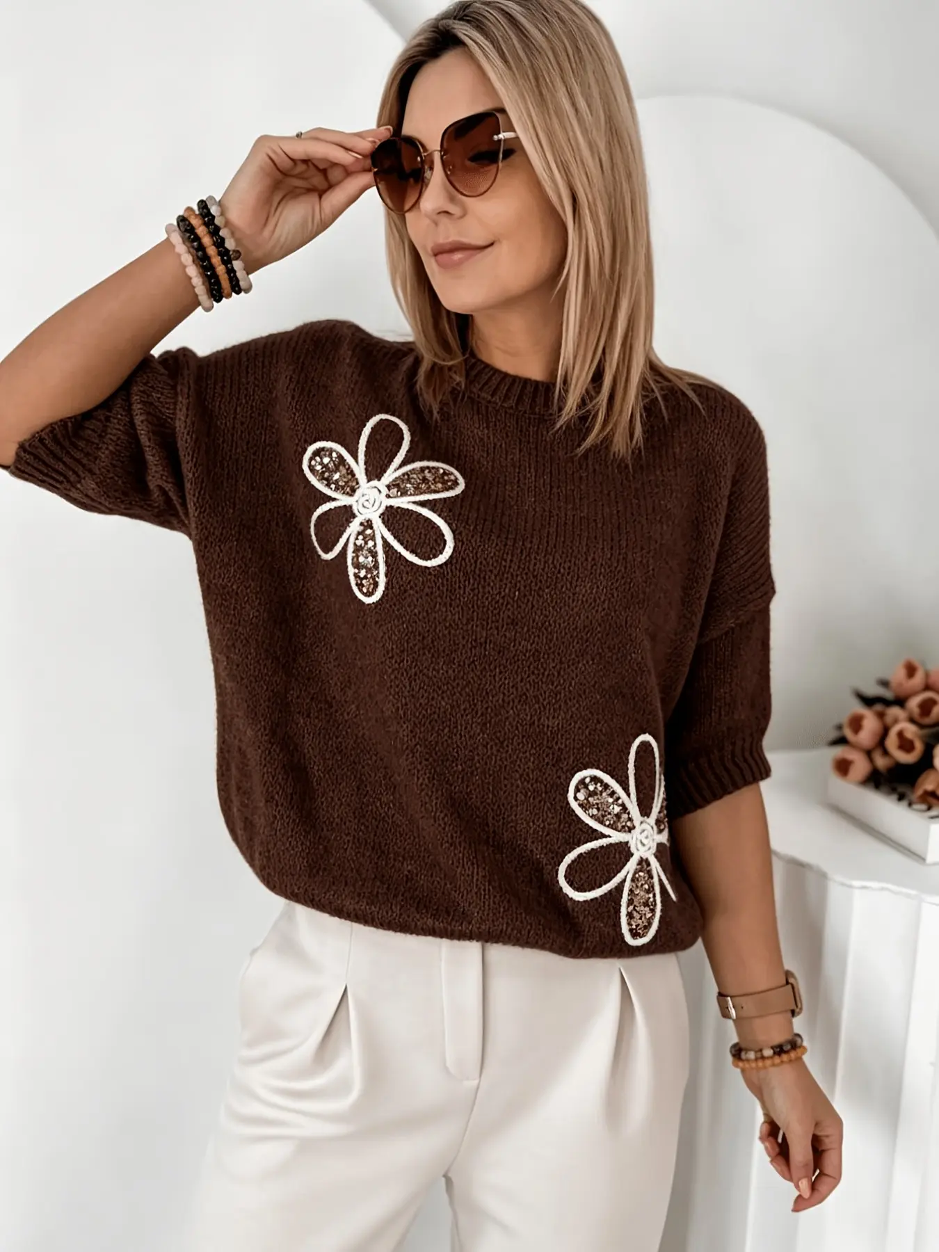 Women Crew Neck Elbow‑Sleeve Knit Top, Hollow Out Floral Applique Sequins Loose Casual Knit Sweater, Knitwear