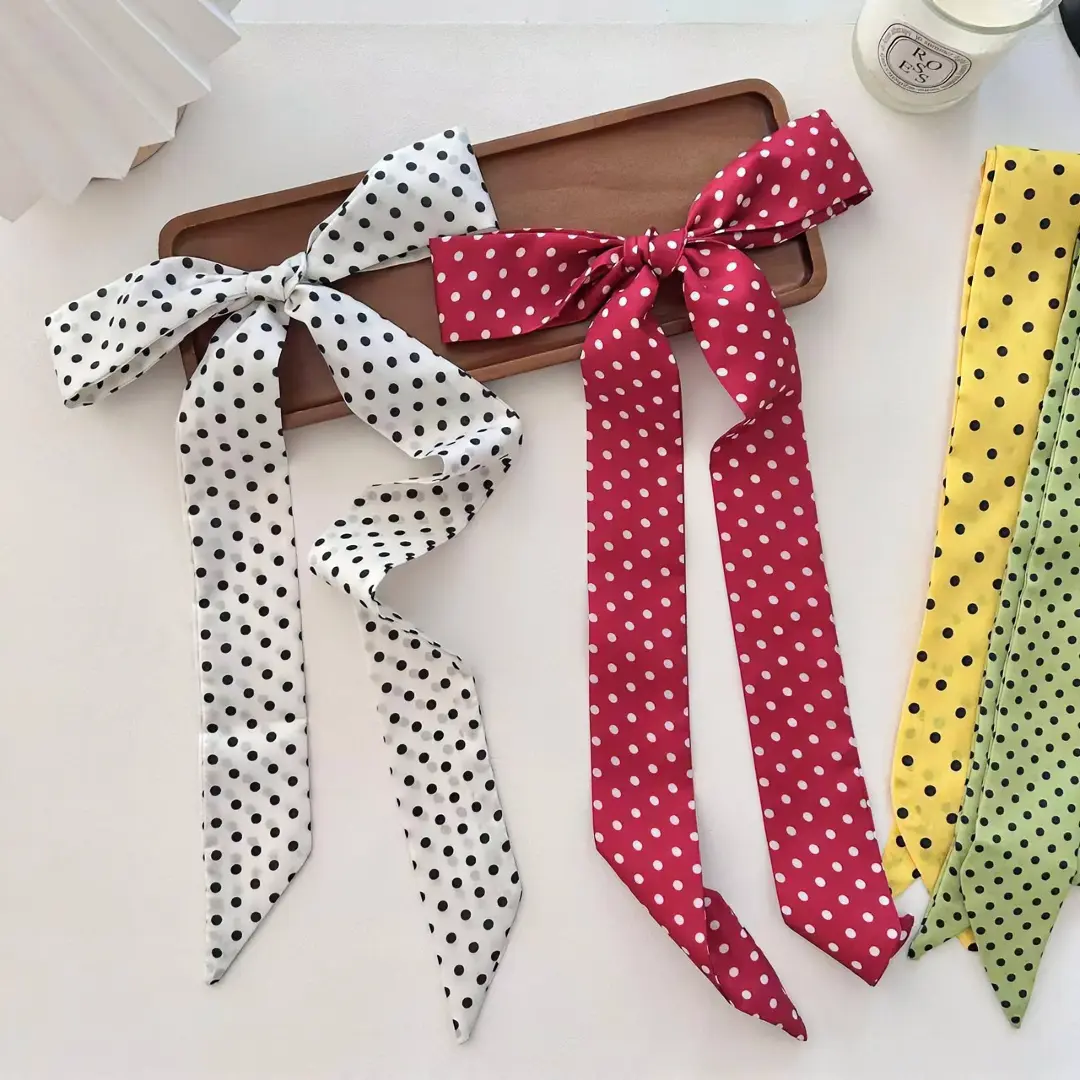 Polka Dot Silk Twilly Scarf, Narrow Long Korean-Style Simple Neck Accessory, Versatile Vintage Bag Charm for Hair Tying or Bag Tying
