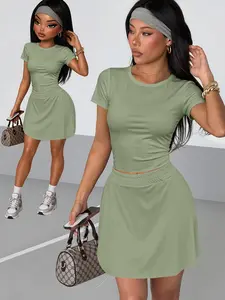 Women's Slim-Fitting Crop Tee & Short Skirt Set, Casual Sporty Design, Perfect for Daily Wear, Fashionable Ladies', Casual Sportswear, Sports Clothing Set, Workout Summer Clothes, Sport Casual Outfit