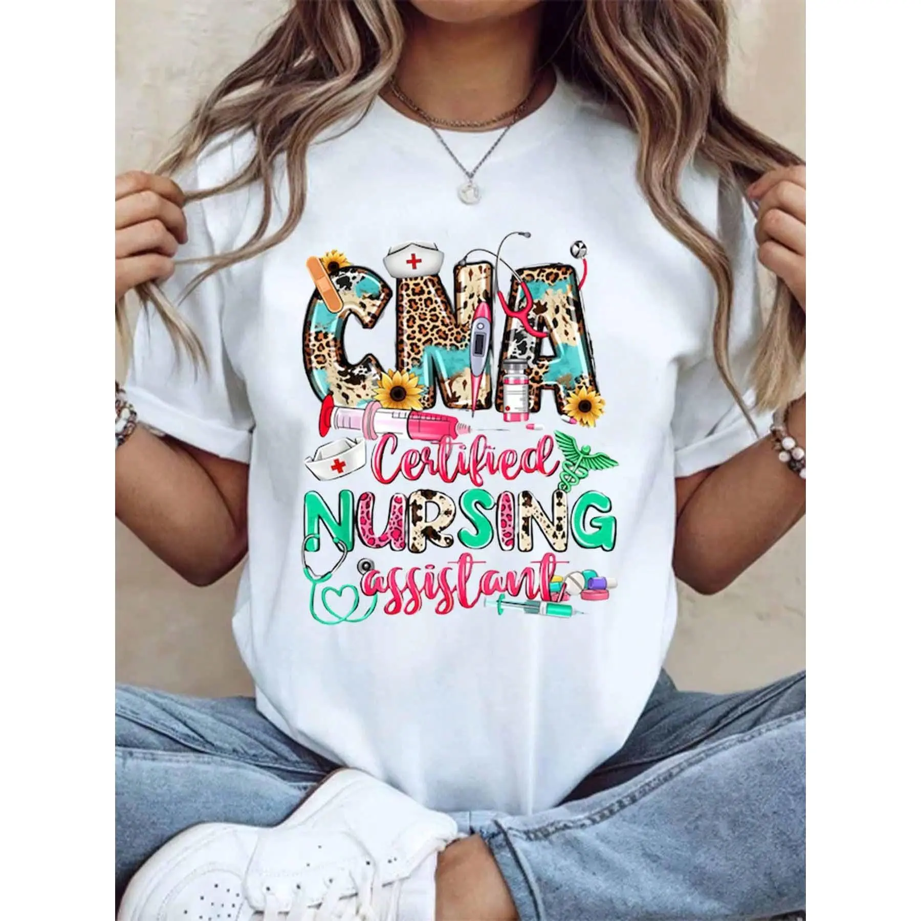 Certified Nursing Assistant Cna Leopard Print Medical Theme T Shirt For Nurses And Healthcare Workers With Stethoscope Syringe And Sunflower Design Perfect Gift For Nurses Week Or Graduation,220g