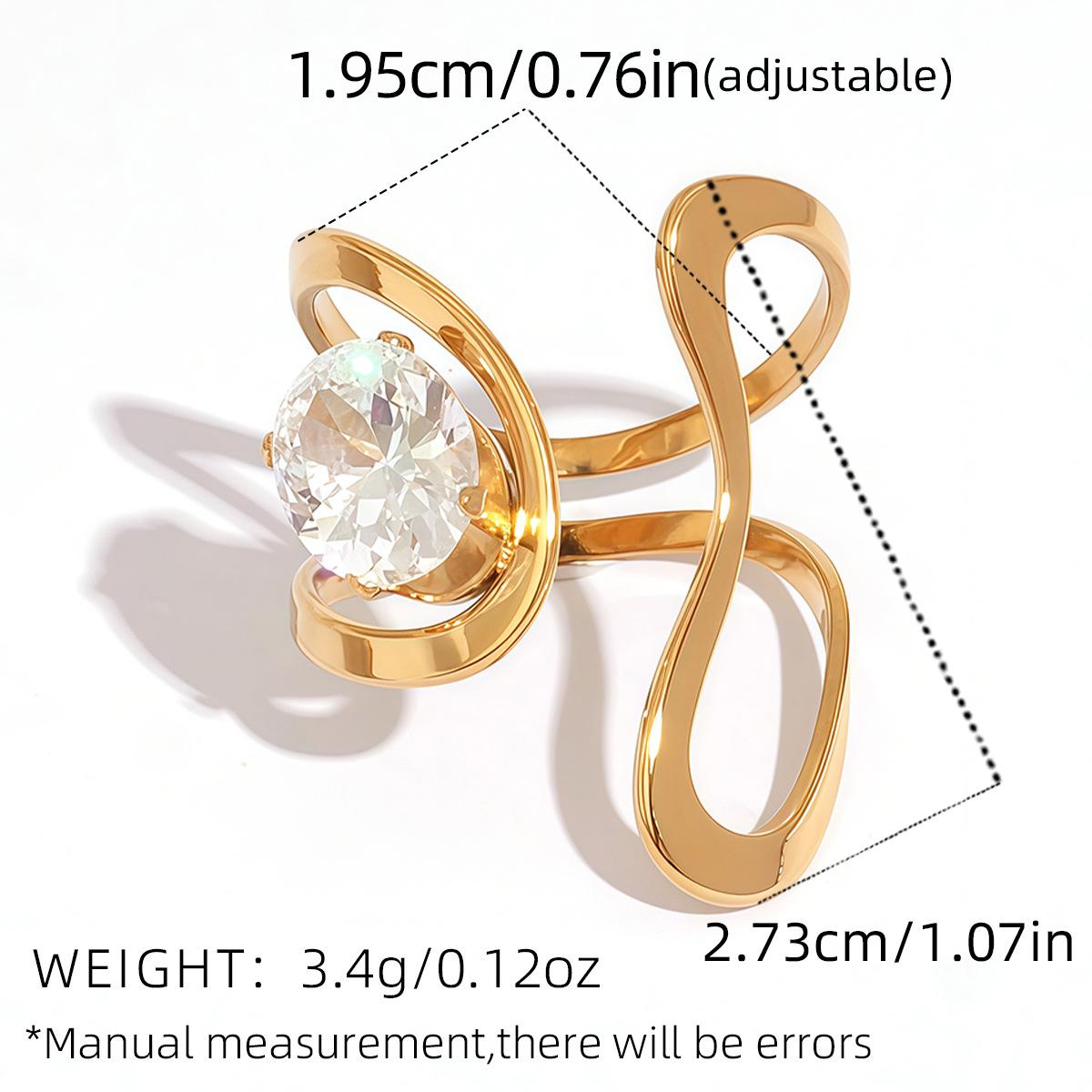 1pc 18K Gold Plated Geometric Line Zircon Open Ring for Women, Stainless Steel Adjustable Sleek Contemporary Jewelry, Dinner Date Holiday Gift for Girlfriend Bestie Gold-Plated Striped Couple Minimalist Stacking