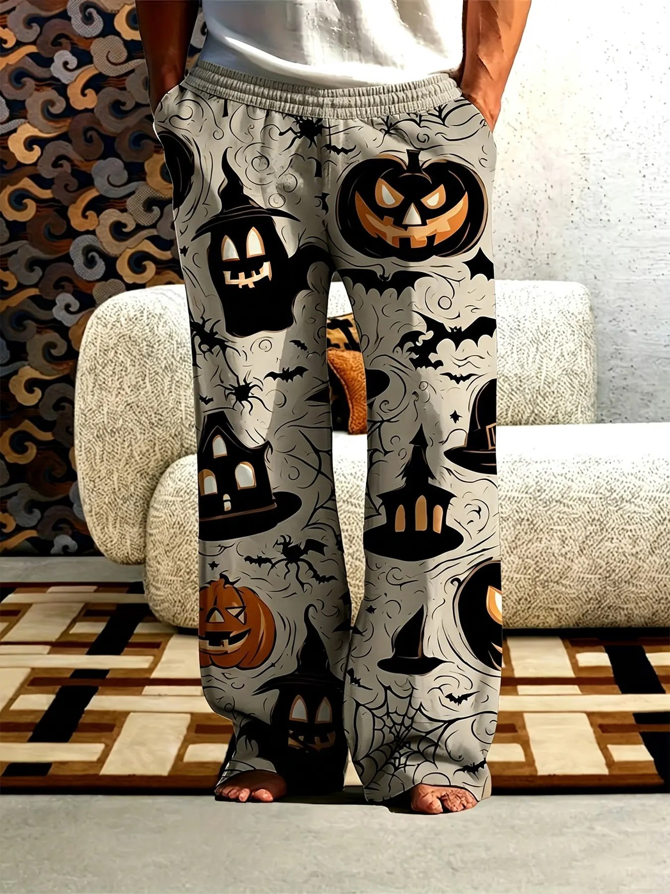 Men Halloween Festive Pumpkin Ghost Spider Web Bat Full Print Sleep Pants Elastic Drawstring Waist Loose Straight Leg Soft Home Loungewear Casual Pajama Trousers With Pockets