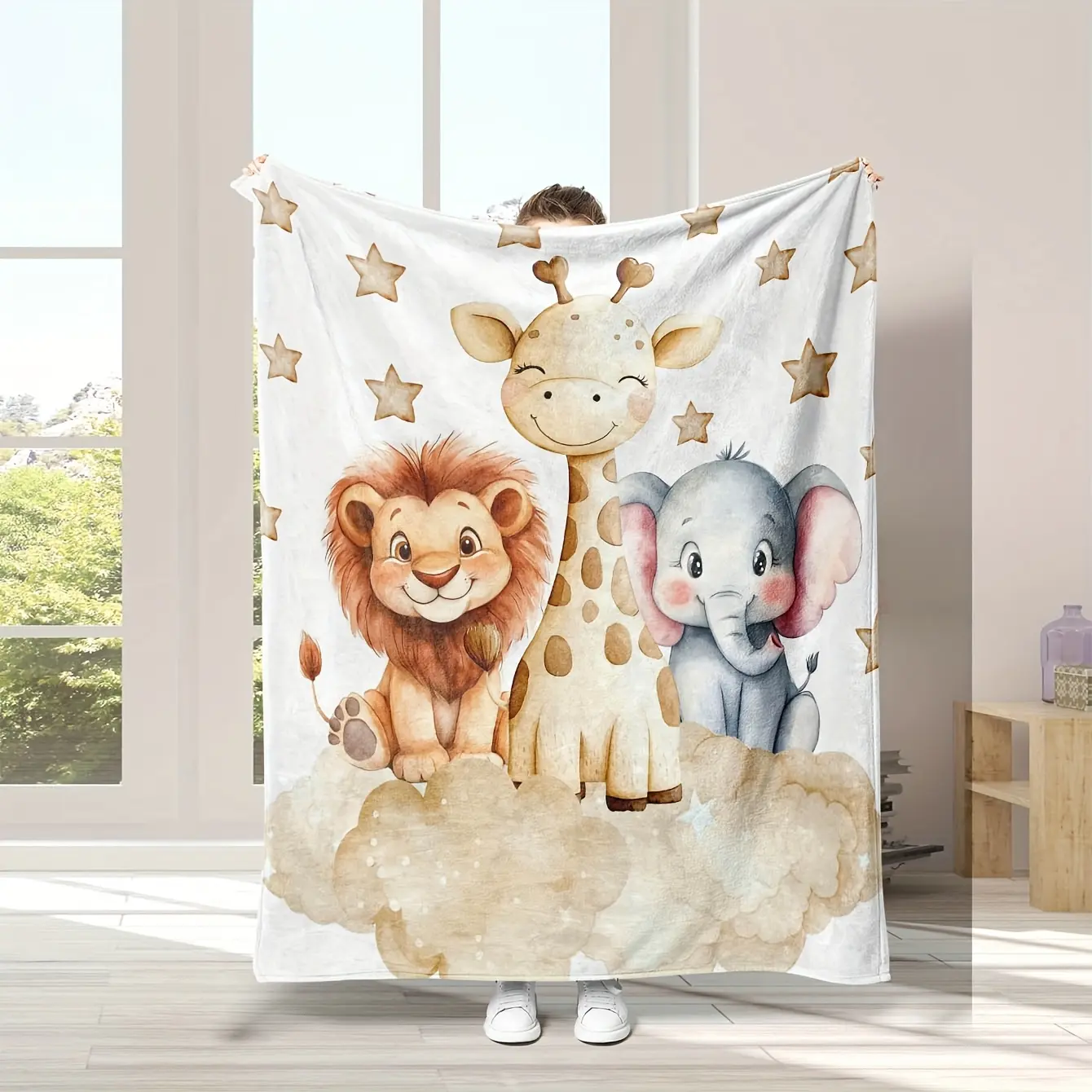 Animal Print Digital Print Blanket - Giraffe, Lion & Elephant Designs with Clouds & Starry Sky, Soft, Comfortable, Tear-Resistant, Suitable for Sofas, Beds, Travel, Perfect for Thanksgiving, Animal Print Blankets
