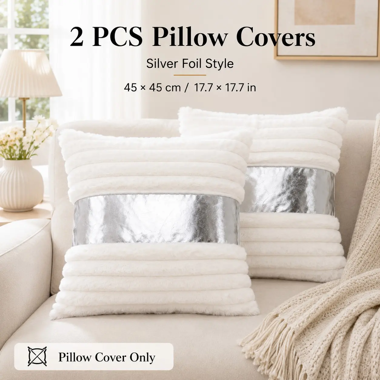 2-Pack Silver Color Plush Pillowcases, 45x45cm Matching Square Cushion Covers, European Living Room Sofa Bedroom Decor, No Insert Included