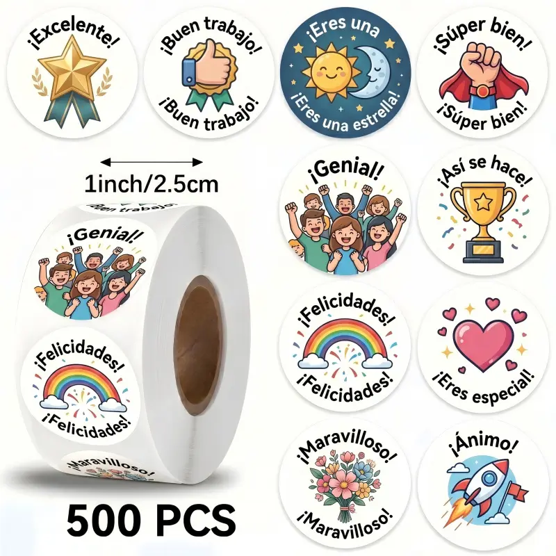 Spanish Motivational Sticker Roll, 500 sheets, 2.5 cm/1inch Spanish Reward Stickers - Office Stationery, Decorative Labels, Sealing Stickers and Inspirational Stickers